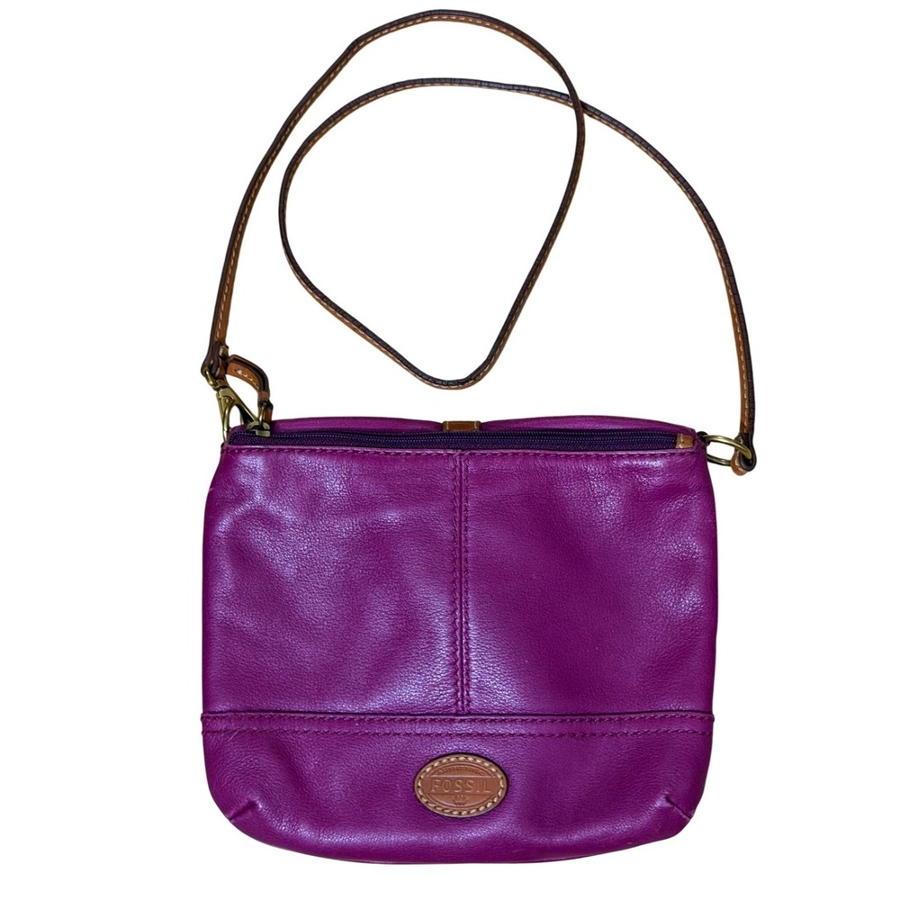 Fossil Purple Leather Crossbody Bag Tan Trim Buckle Flap SHB1045 VINTAGE - Picture 13 of 14